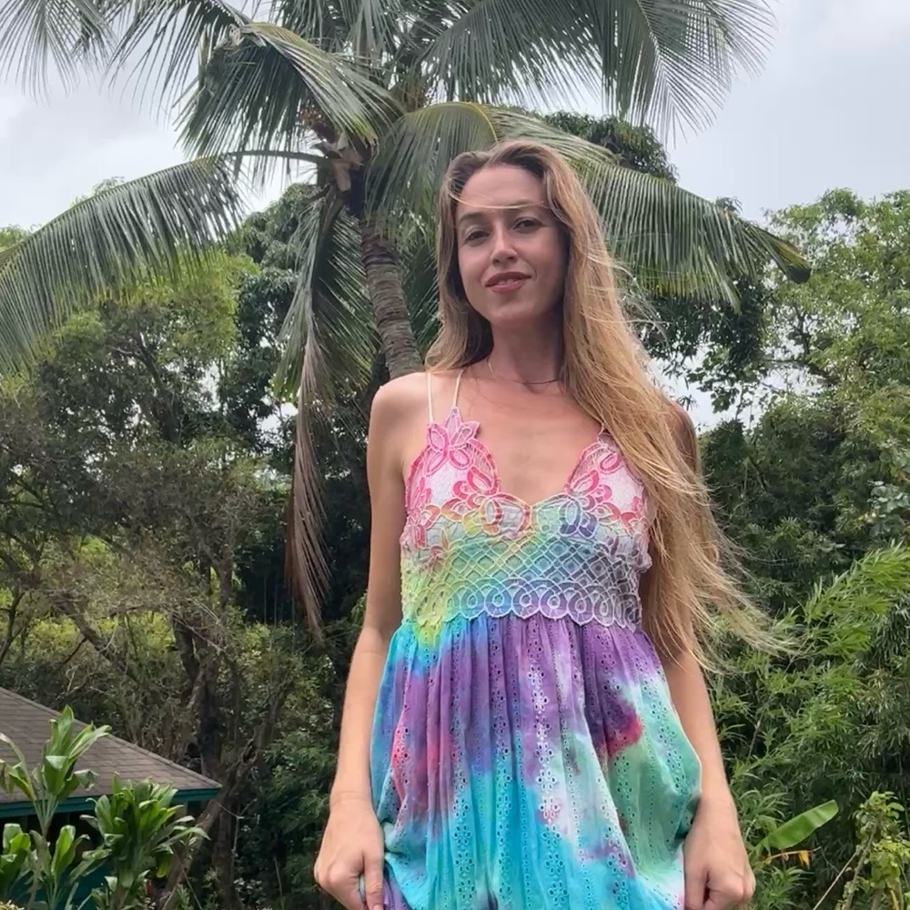 Hummingbird Tie-Dye Lace Maxi Dress in Rainbow Pink, Purple, Blue, Green